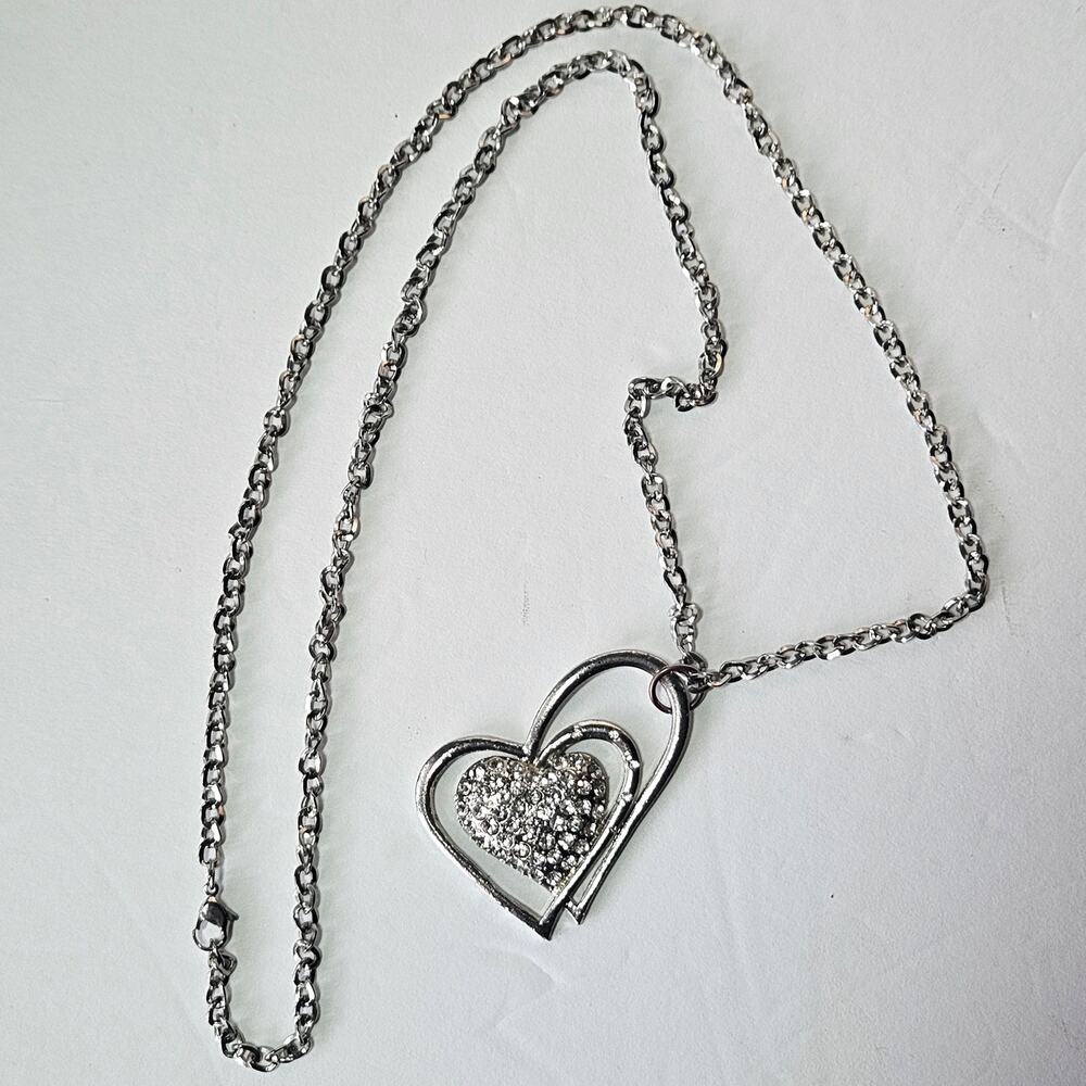 Vintage Silver Tone Triple Heart Pendant Necklace Pavé Rhinestone